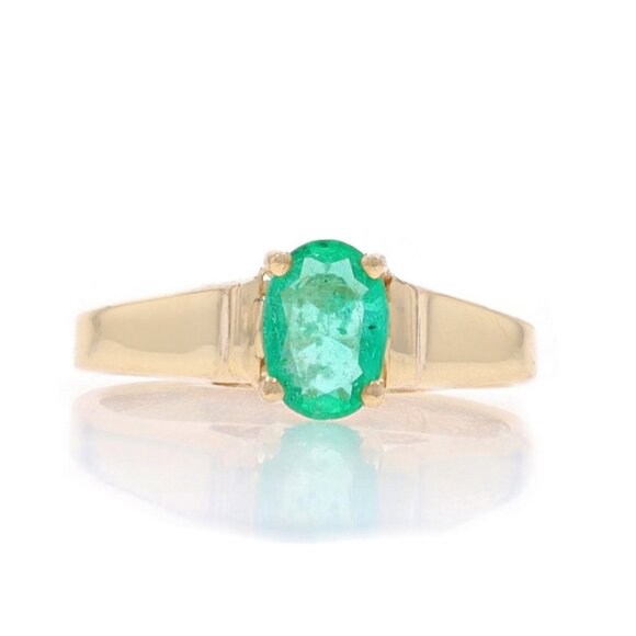 Yellow Gold Emerald Solitaire Ring - 10k Oval .85ct Cathedral